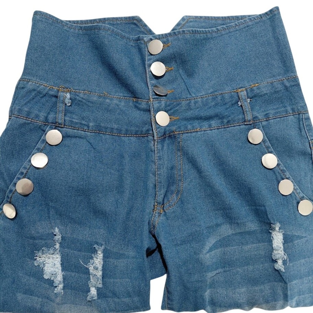 High Waisted Corset Skinny Jeans Blue Distressed Multi Button V-Back Size L